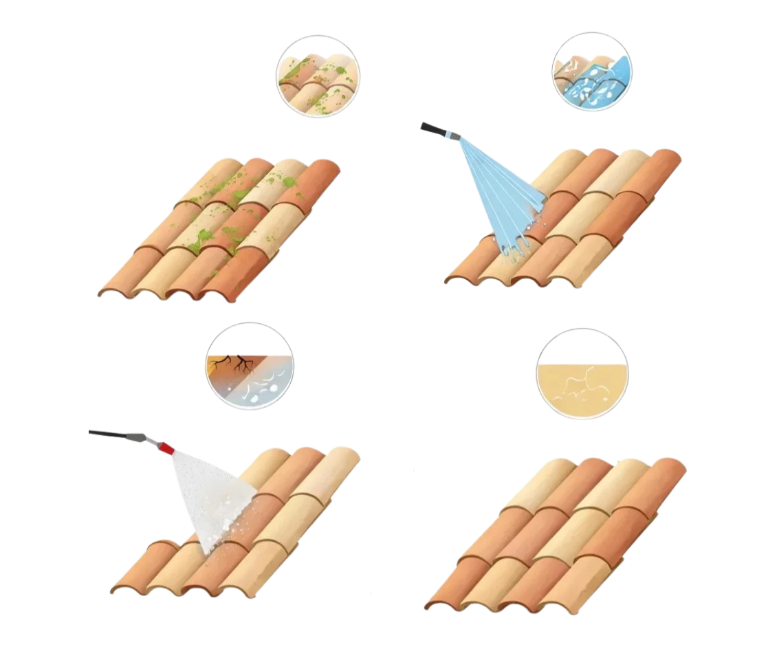 Étapes du nettoyage de tuiles mécaniques avec démoussage, grattage, application de traitement et protection hydrofuge de la toiture.