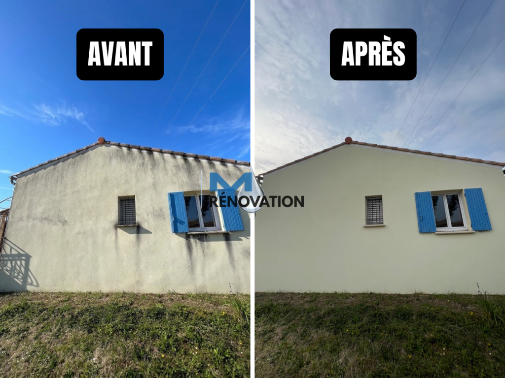 Avant après élimination des traces noires sur façade à Aix-en-Provence avec nettoyage professionnel et rénovation de l’enduit extérieur.