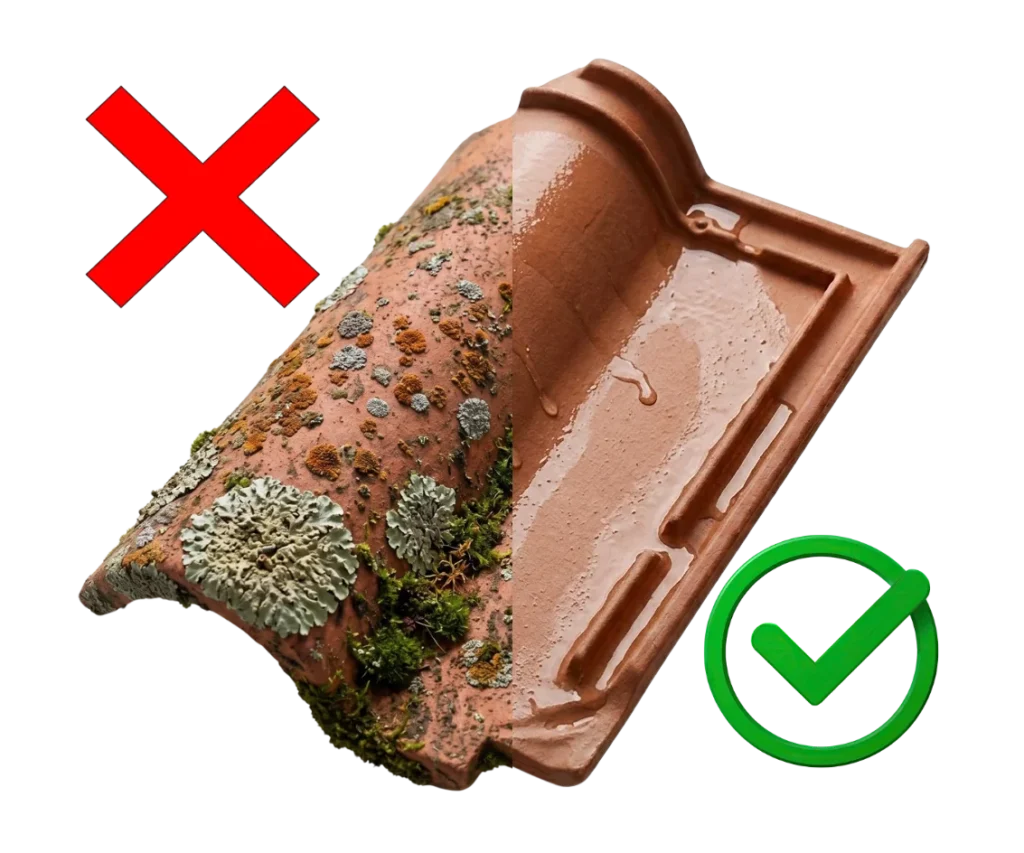 Comparatif d'une tuile mécanique poreuse et une tuile protégée par hydrofuge.