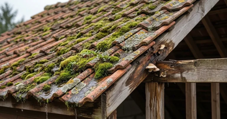 Toiture recouverte de lichens et mousses.