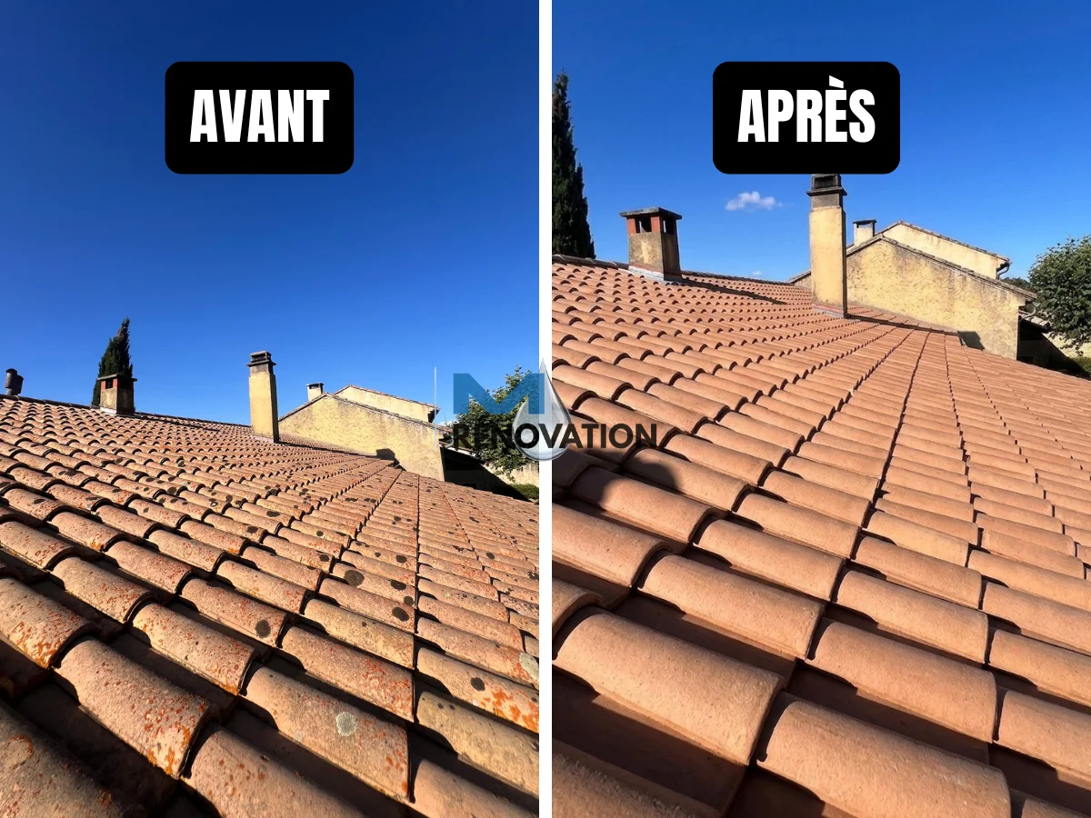 Transformation spectaculaire avant après d'une toiture provençale qui retrouve son éclat après un démoussage complet à La Cadière-d'Azur