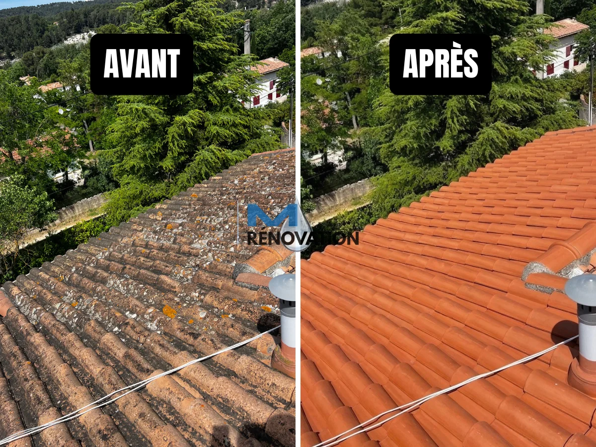 Rénovation de toiture à Aubagne : métamorphose avant après grâce à l'application d'un hydrofuge coloré protecteur.