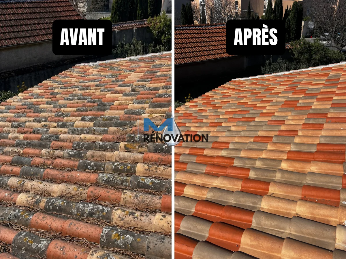 Vue avant-après d'un toit à Peypin montrant l'élimination des mousses et l'application d'un hydrofuge de toiture incolore.