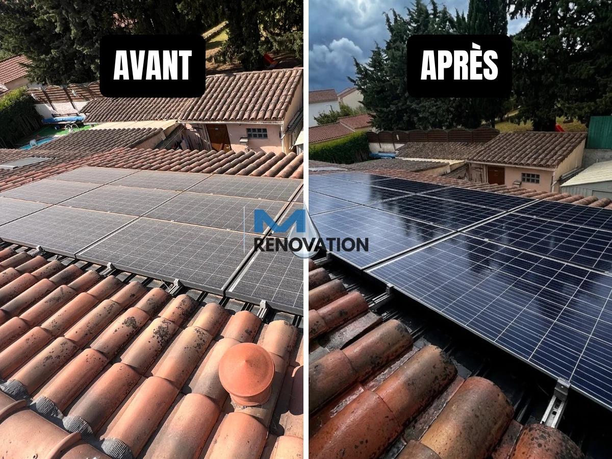 Comparatif avant-après du nettoyage de panneaux photovoltaïques pour optimiser le rendement solaire à Aix-en-Provence.