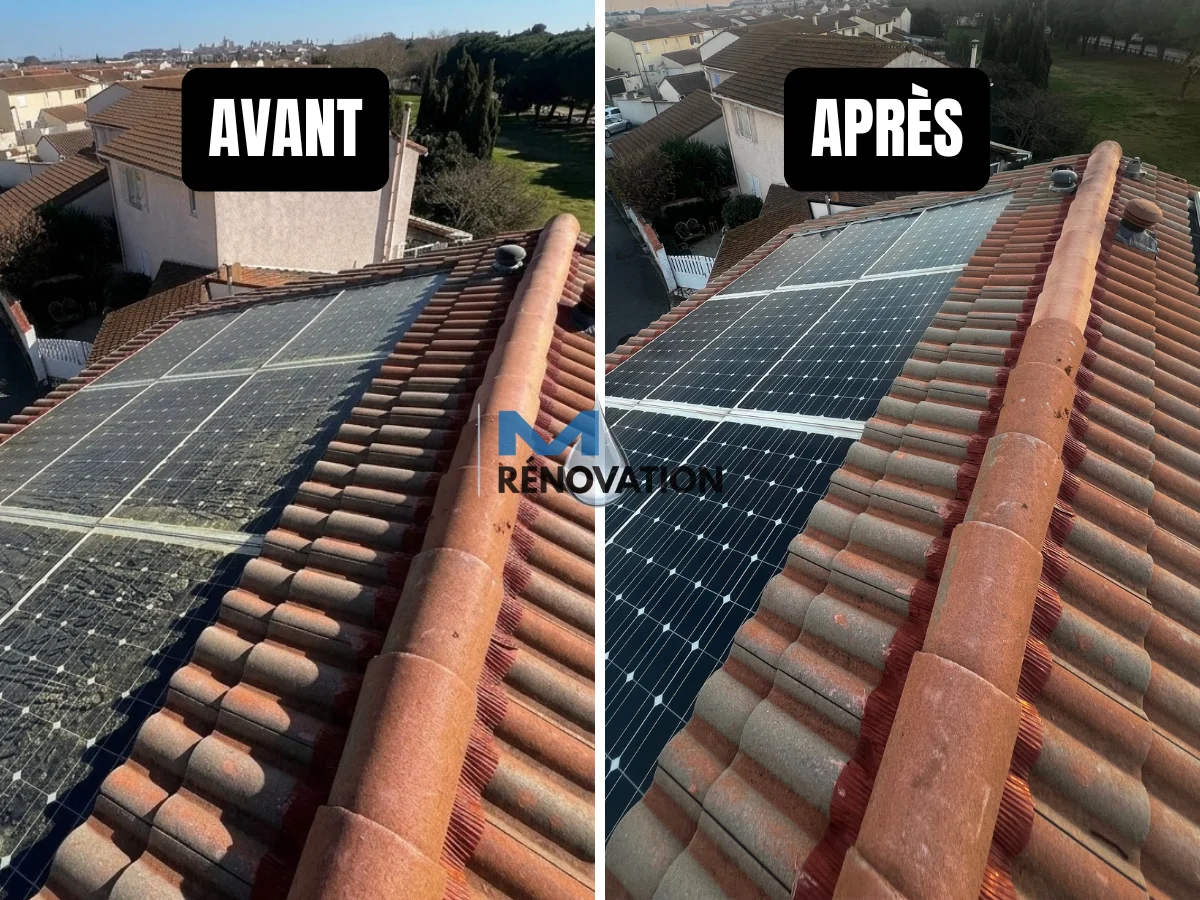 Comparatif avant-après du nettoyage de panneaux solaires pour récupérer du rendement énergétique à Vitrolles.