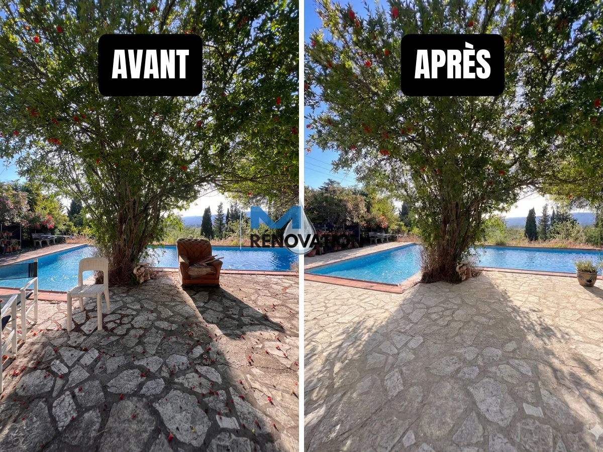 Résultat avant et après décapage d'une surface en pierre naturelle encrassée par le temps à La Cadière-d'Azur.