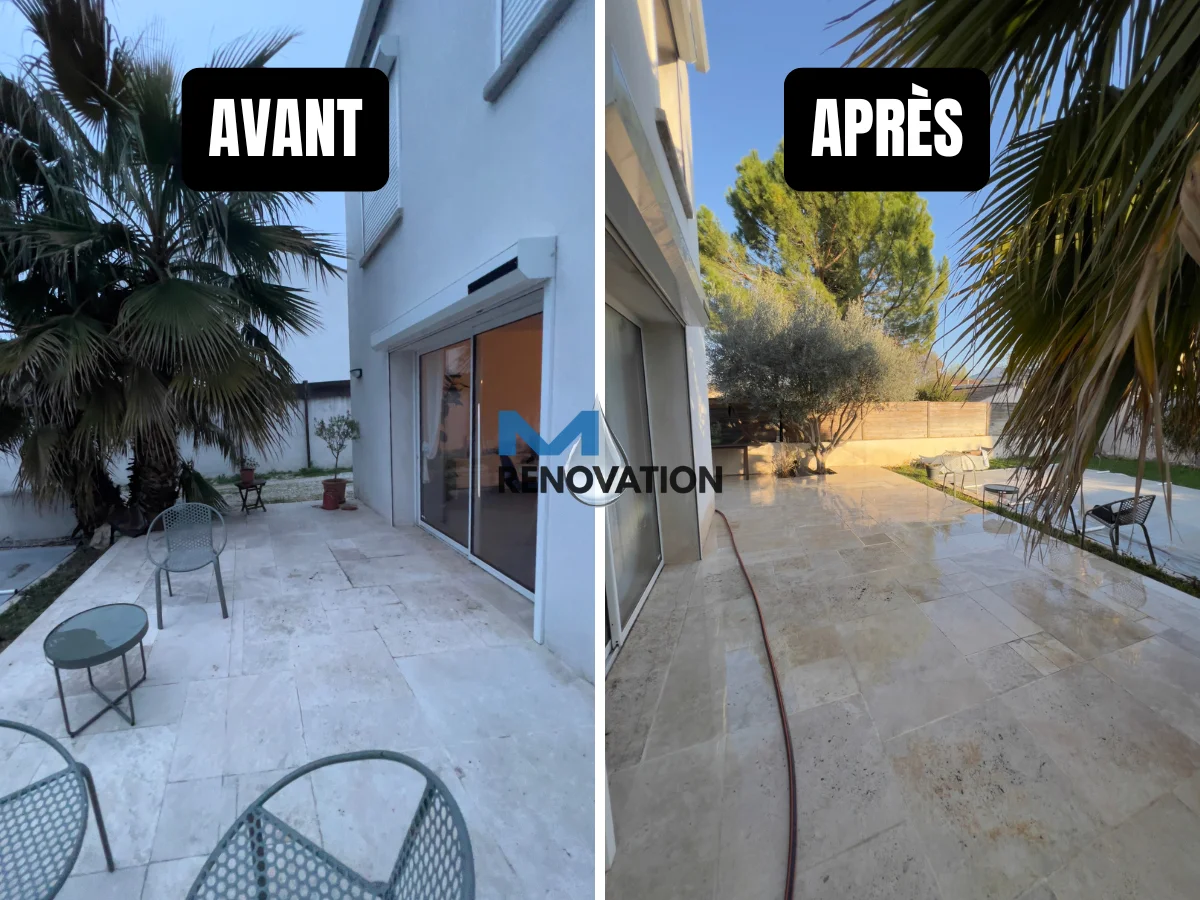 Comparatif avant-après du nettoyage professionnel des abords de piscine et d'une terrasse à Gardanne.