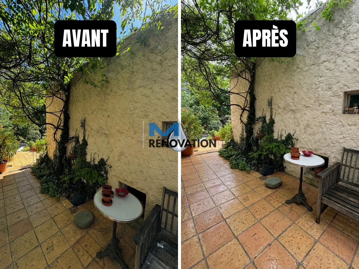 Comparatif avant-après du nettoyage professionnel d'une terrasse en carrelage extérieur à Aubagne.