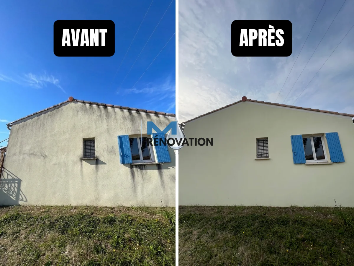 Avant après élimination des traces noires sur façade à Aix-en-Provence avec nettoyage professionnel et rénovation de l’enduit extérieur.
