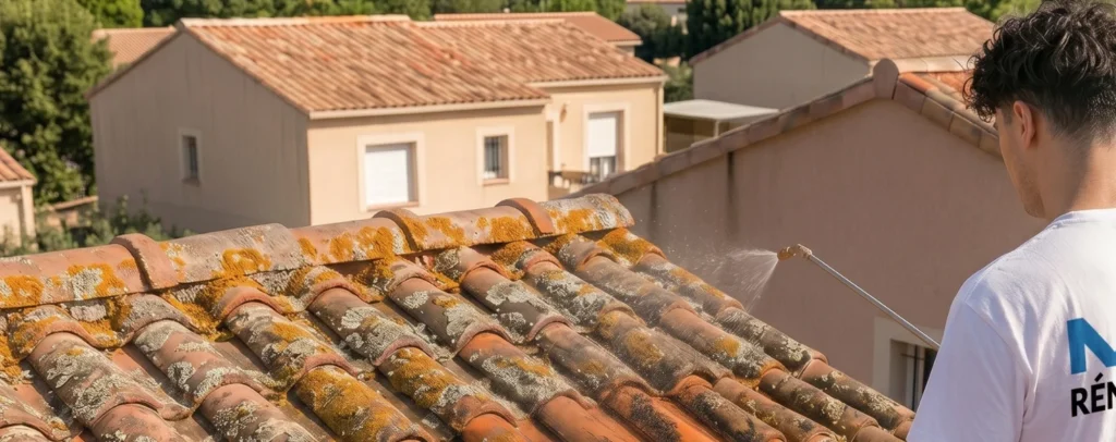 Technicien effectue un démoussage de toiture à La Seyne-sur-Mer avec élimination des mousses, lichens sur toiture.