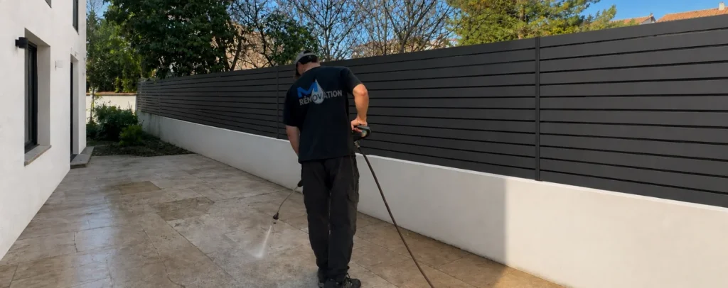 Technicien d'une entreprise spécialisée réalisant le nettoyage professionnel d'une terrasse en travertin à Marseille.