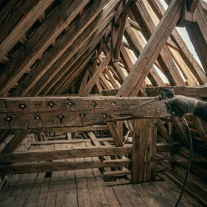 Perçage et injection pour traiter de façon curative une charpente traditionnel.