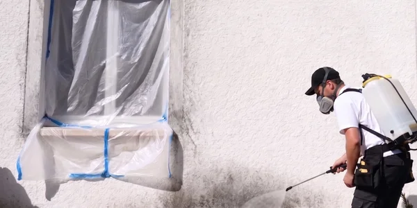 Application d'un produit nettoyant sur façade.