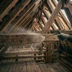 Double pulvérisation croisée d'une charpente traditionnel pour protéger l'enveloppe du bois.
