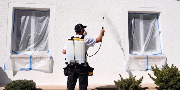 Technicien appliquant l'hydrofuge incolore sur une façade à Marseille, étape finale pour assurer sa protection et son imperméabilisation.