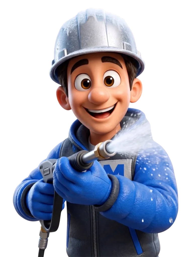 Notre mascotte tenant fièrement une lance de nettoyage.