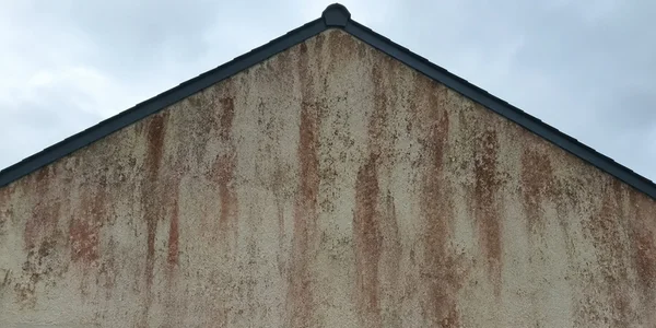 Photo avant traitement et nettoyage de traces d’algues rouges sur façade extérieure nécessitant un nettoyage professionnel à Peypin.
