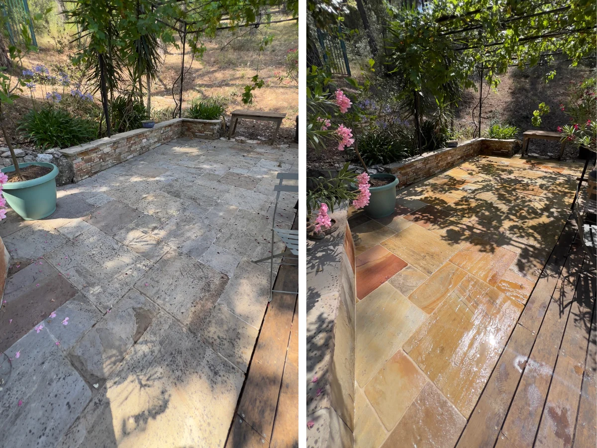 Éclat d'une terrasse en pierre naturelle colorées retrouvé après nettoyage en profondeur et traitement des champignons incrustés avec application agent protecteur longue durée.