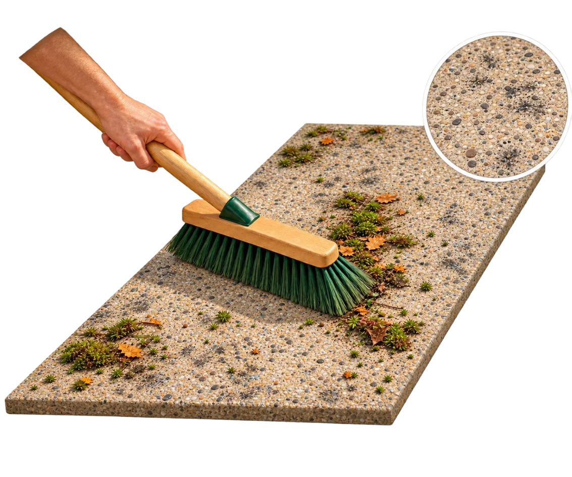 Brossage manuel d’une terrasse pour retirer les mousses et dépôts avant le nettoyage professionnel.