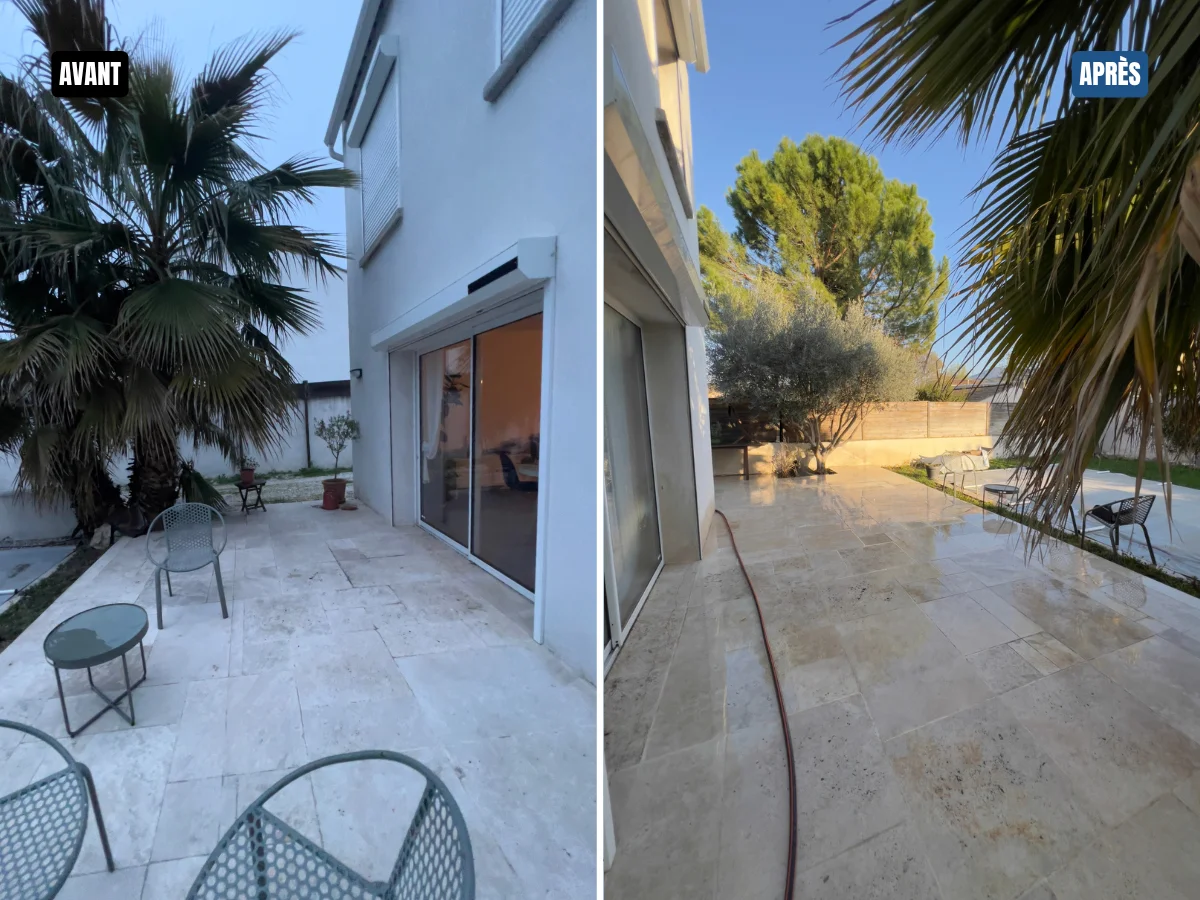 Nettoyage professionnel d’une terrasse en travertin à Gardanne, avec élimination des salissures aux abord d'une piscine.