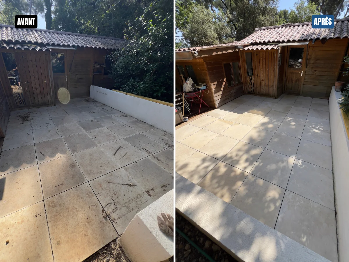 Nettoyage professionnel d’une terrasse en carrelage extérieur pour éliminer les salissures incrustées et retrouver un sol propre.