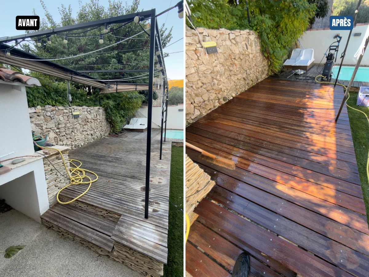 Après nettoyage et égrisage d'une terrasse en bois.
