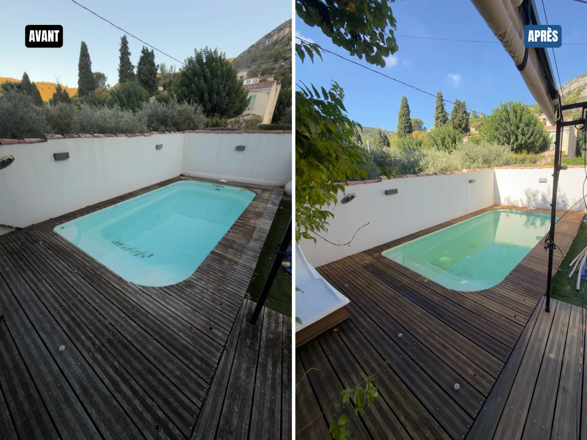 Nettoyage d’une terrasse aux abords d’une piscine à Roquevaire.