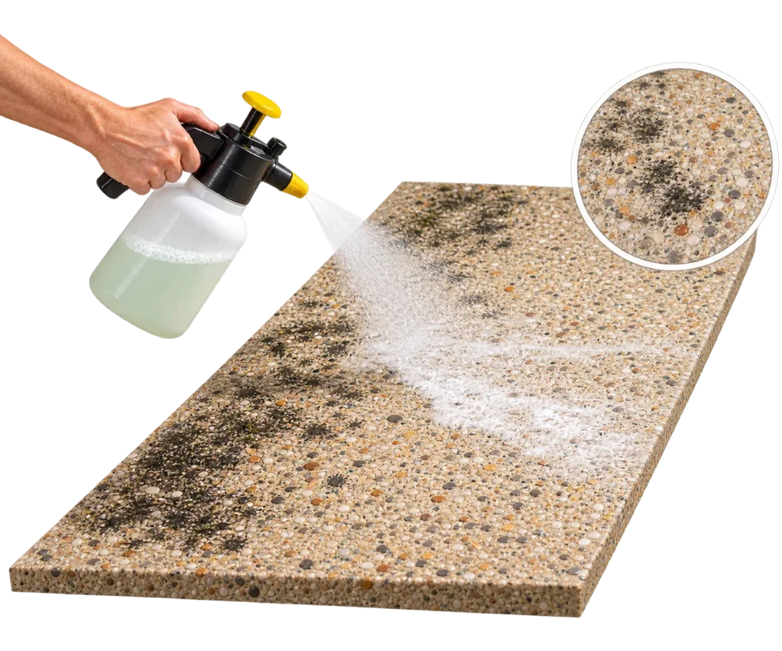 Pulvérisation d’un nettoyant adapté sur une terrasse pour traiter les taches, mousses et salissures incrustées.